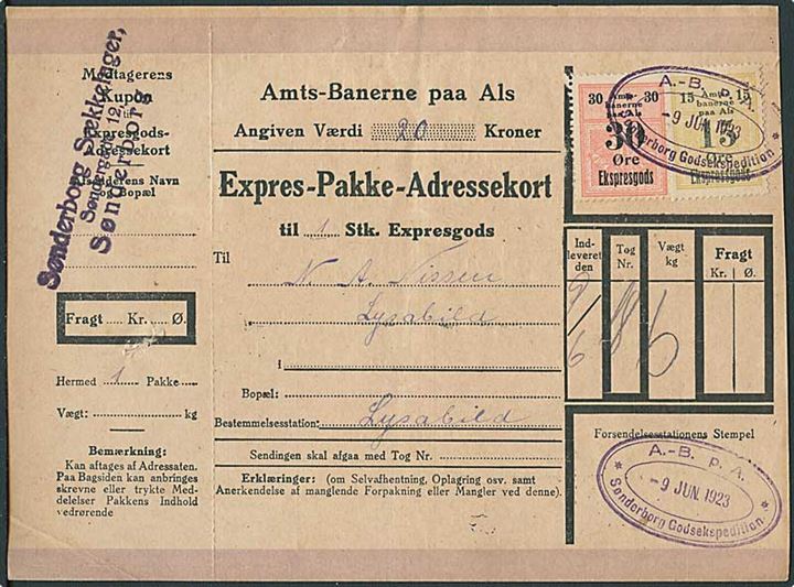 Amts-Banerne paa Als. 30 øre og 15 øre Ekspresgods mærker på Expres-Pakke-Adressekort annulleret med ovalt stempel A.-B. p. A. Sønderborg Godsekspedition d. 9.6.1923 til Lysabild.