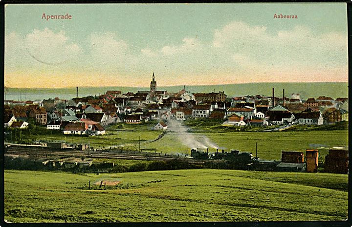 Aabenraa, udsigt med jernbanestation og damplokomotiver. M. Glückstadt & Münden no. 42565.