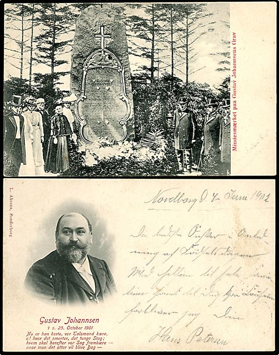 Rigsdagsmand Gustav Johannsen (1840-1901), mindekort og gravmonument på Flensburg kirkegård.