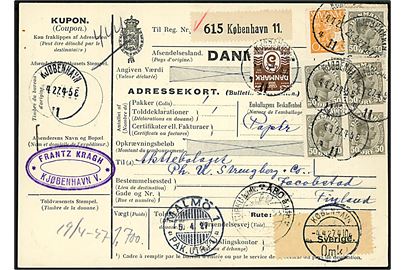 5 øre Bølgelinie, 30 øre Karavel og 50 øre Chr. X (5) på 285 øre frankeret internationalt adressekort for pakke fra Kjøbenhavn d. 4.4.1927 via Malmö og Åbo til Jacobstad, Finland. Et 50 øre mærke med rift.