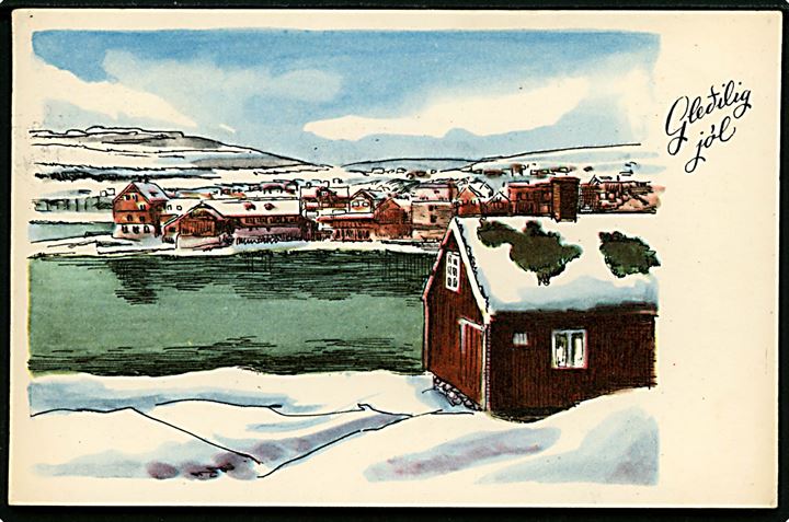 Færøerne, Thorshavn havn i sne. Julekort Stenders no. 95792. Frankeret med 20 øre Fr. IX og Julemærke 1957 fra Thorshavn d. 18.12.1957 til Karise, Danmark.