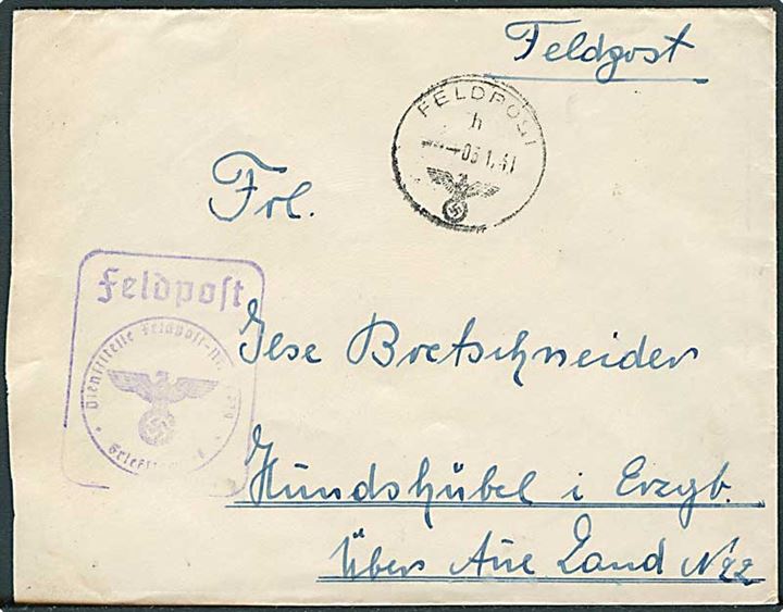 Ufrankeret feltpostbrev stemplet Feldpost h d. 3.1.1941 til Hundshübel, Tyskland. Briefstempel fra Dienststelle Feldpost-Nr. 13729 = Batterie Frederikshavn Süd Marine-Artillerie-Abteilung 509.
