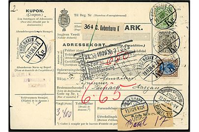 25 øre, 50 øre og 1 kr. Chr. X på 175 øre frankeret internationalt adressekort for pakke fra København K. d. 19.11.1926 via Berlin og Deutsche Kartierungsstelle Basel til Reinach, Schweiz.