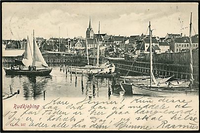 Rudkøbing, havneparti med sejlbåde. Stenders no. 557.