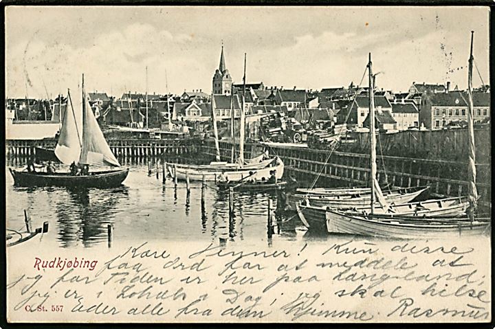 Rudkøbing, havneparti med sejlbåde. Stenders no. 557.