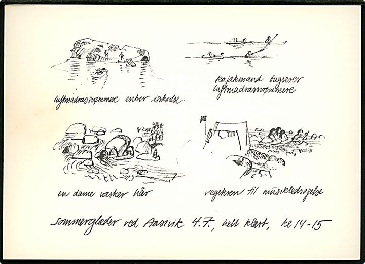 Jørn Mathiassen: Sommerglæder ved Aasivik. Skitsebogsblad fra Aasivik 80 ved Qornoq i Godthåbsfjorden. Udgivet af DKP Østerbro til Land og Folk Indsamling 1980.