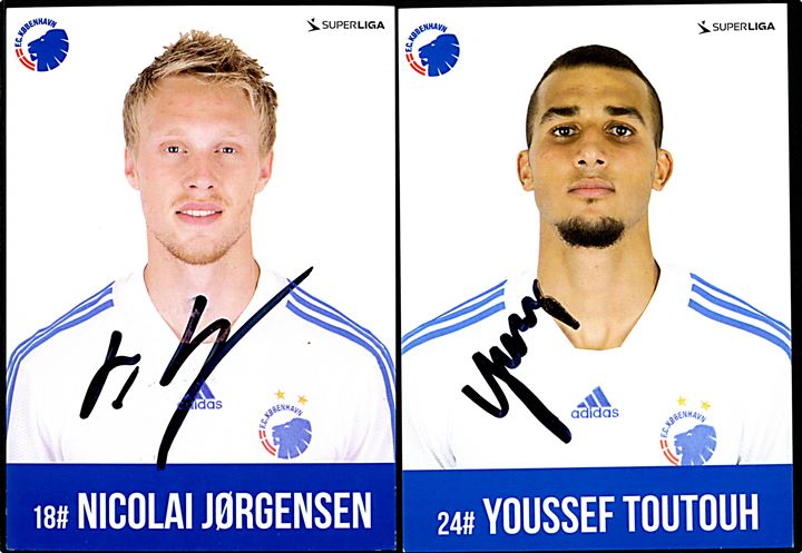 FC København. Ti spillerkort fra ca. 2014 med autografer: 18 Nicolai Jørgensen, 24 Youssef Toutouh, 21 Johan Wiland, 1 Kim Christensen, 25 Christoffer Remmer, 16 Thomas Kristensen, 31 Jakob Busk, 8 Thomas Delaney, 5 Olof Mellberg og 34 Mads Aaquist. Kartonkort uden adresselinier. 