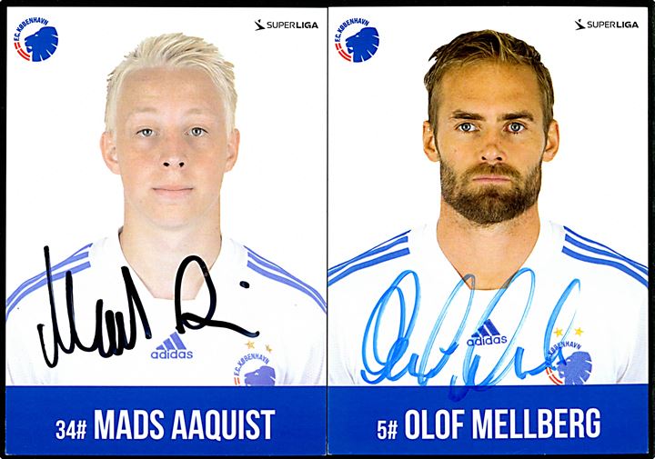 FC København. Ti spillerkort fra ca. 2014 med autografer: 18 Nicolai Jørgensen, 24 Youssef Toutouh, 21 Johan Wiland, 1 Kim Christensen, 25 Christoffer Remmer, 16 Thomas Kristensen, 31 Jakob Busk, 8 Thomas Delaney, 5 Olof Mellberg og 34 Mads Aaquist. Kartonkort uden adresselinier. 