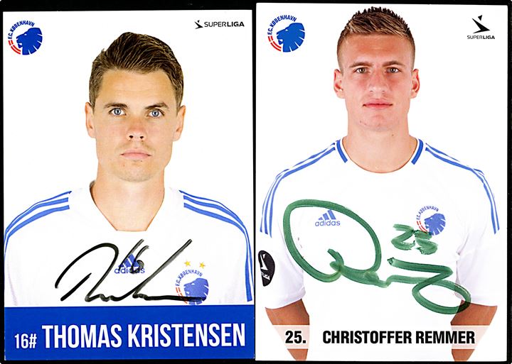 FC København. Ti spillerkort fra ca. 2014 med autografer: 18 Nicolai Jørgensen, 24 Youssef Toutouh, 21 Johan Wiland, 1 Kim Christensen, 25 Christoffer Remmer, 16 Thomas Kristensen, 31 Jakob Busk, 8 Thomas Delaney, 5 Olof Mellberg og 34 Mads Aaquist. Kartonkort uden adresselinier. 