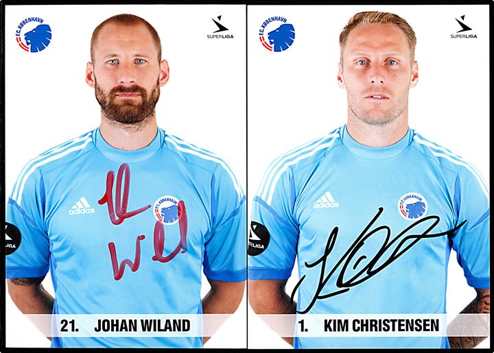 FC København. Ti spillerkort fra ca. 2014 med autografer: 18 Nicolai Jørgensen, 24 Youssef Toutouh, 21 Johan Wiland, 1 Kim Christensen, 25 Christoffer Remmer, 16 Thomas Kristensen, 31 Jakob Busk, 8 Thomas Delaney, 5 Olof Mellberg og 34 Mads Aaquist. Kartonkort uden adresselinier. 