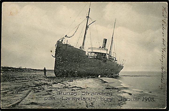 Ituna, S/S af Kopervik, Norge strandet ved Fodslette på Langeland d. 8.1.1908. C. Jenssen-Tusch u/no.


