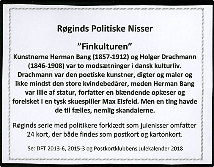 Carl Røgind: Finkulturen - politiske nisser Hermann Bang og Holger Drachmann. Kartonkort u/no.