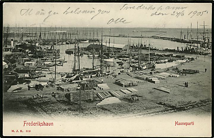 Frederikshavn, havneparti med fiskefartøjer. M.J.K. no. 519.