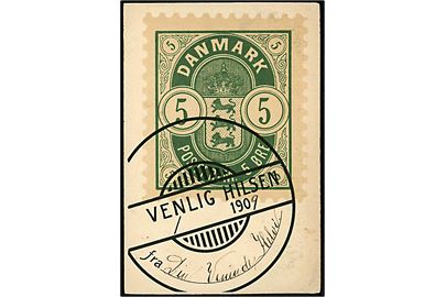 5 øre Våben type frimærke. Dateret Gjedser d. 11.9.1909 med forud-annulleret 5 øre Fr. VIII med stjernestempel GJEDSER og sidestemplet bureau Kjøbenhavn - Warnemünde T.74 d. 12.3.1909 til København. Sjældent eksemplet på ark- eller forud-annulleret frankatur benyttet i Gjedser Færgehal indtil levering af brotypestempel i juni 1909. Skilling: 1250,-