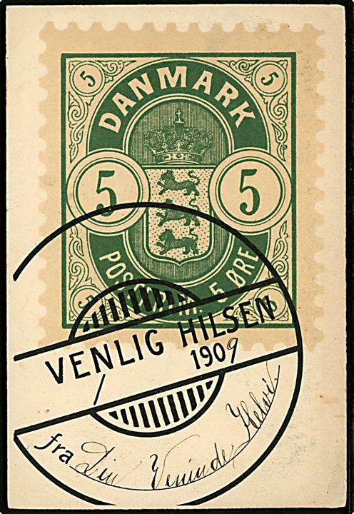 5 øre Våben type frimærke. Dateret Gjedser d. 11.9.1909 med forud-annulleret 5 øre Fr. VIII med stjernestempel GJEDSER og sidestemplet bureau Kjøbenhavn - Warnemünde T.74 d. 12.3.1909 til København. Sjældent eksemplet på ark- eller forud-annulleret frankatur benyttet i Gjedser Færgehal indtil levering af brotypestempel i juni 1909. Skilling: 1250,-