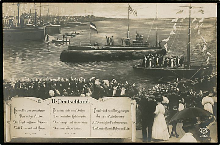 Handels-ubåden Deutschland vender hjem efter Amerika-rejse. Brugt som ufrankeret marinepost fra sønderjysk matros Clausen ombord på SMS Baden med svagt marinestempel til Grammby pr. Haderslev.