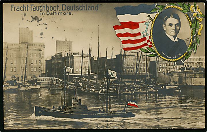 Handels-ubåd Deutschland ankommer til Baltimore, USA med portræt af Kapitän König. Frankeret med 5 pfg. Germania og sendt fra Berlin d. 28.7.1916.