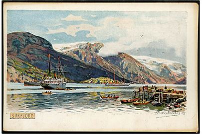 Themistokles von Eckenbrecher: Sørfjord med båd. Lithogr. Kunstanstalt With. Jöntzen u/no. 