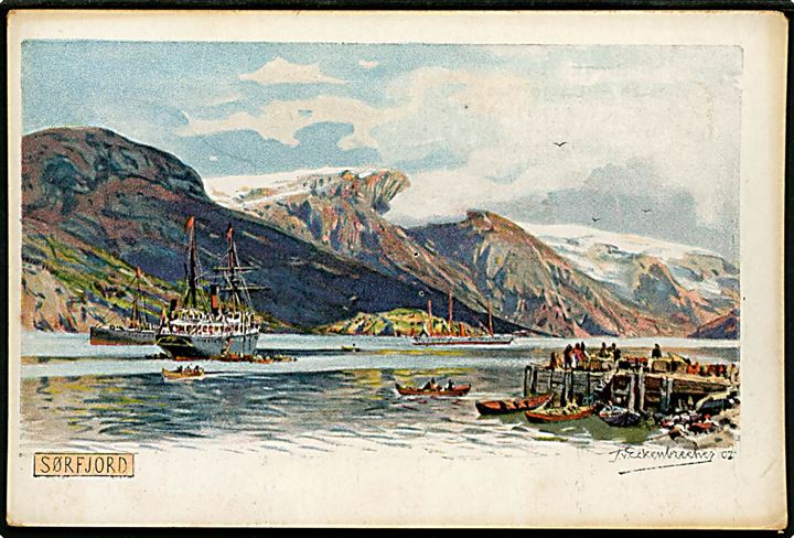 Themistokles von Eckenbrecher: Sørfjord med båd. Lithogr. Kunstanstalt With. Jöntzen u/no. 