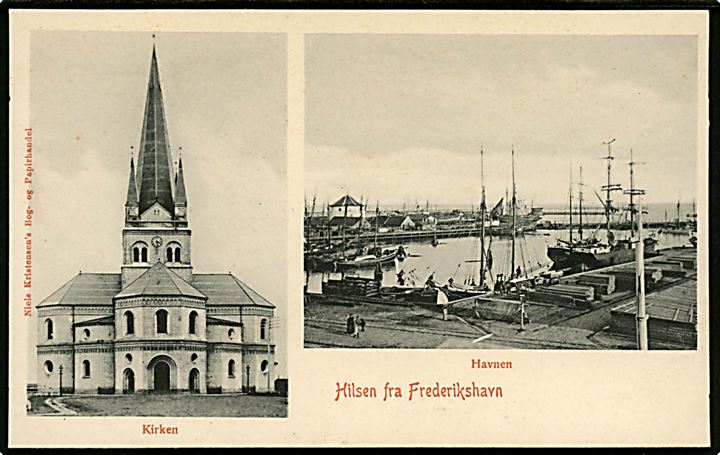 Frederikshavn. Havnen og Kirken. Niels Kristensen Bog og Papirhandel / A. Vincent u/no. 