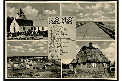 Rømø. Kirken, Dæmningen, Campingpladsen, Den gamle Skole og kort over. Stenders no. 98728.