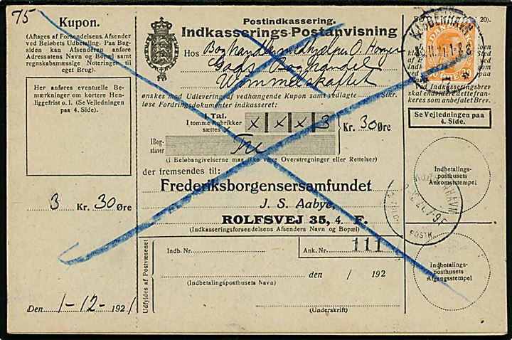 30 øre Chr. X single på retur Indkasserings-Postanvisning sendt lokalt i Kjøbenhavn d. 30.11.1921.