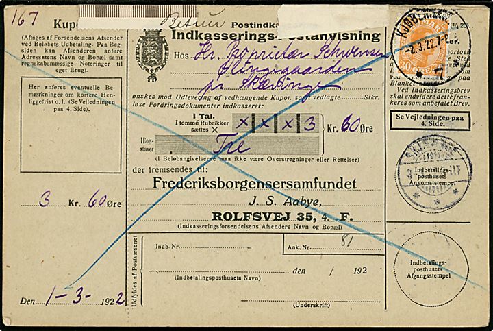 30 øre Chr. X single på retur Indkasserings-Postkokrævning fra Kjøbenhavn *7.* d. 2.3.1922 til Skævinge.