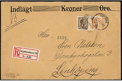 7 øre og 25 øre Chr. X på anbefalet brev fra Kjøbenhavn d. 22.1.1920 til Linköping, Sverige.