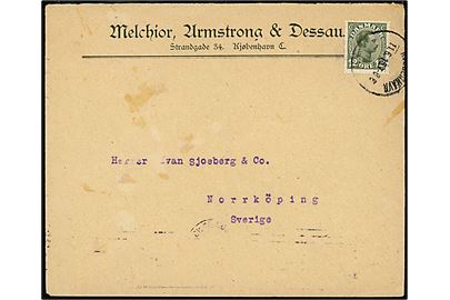 12 øre Chr. X single på firmakuvert fra firma Melchior, Armstrong & Dessau i Kjøbenhavn d. 11.6.1918 til Norrköping, Sverige.