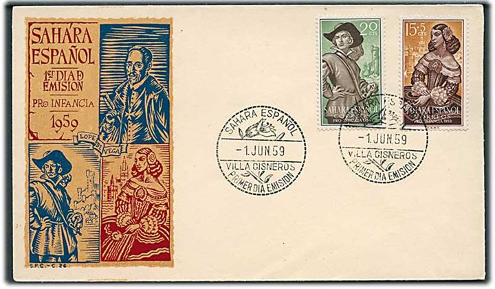 Spansk Sahara. 15+5 cts. og 20 cts. Pro Infancia velgørenhed på uadresseret illustreret FDC fra Villa Cisneros d. 1.6.1959.