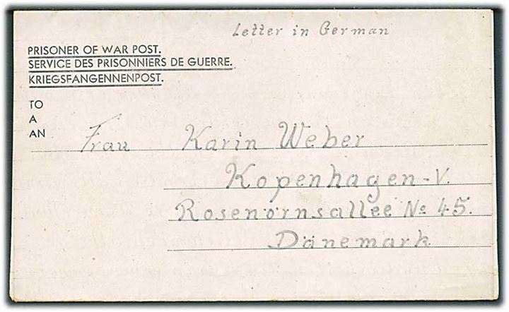 Ufrankeret fortrykt krigsfange foldebrev dateret d. 18.6.1946 fra tysk fange i Camp 113, Holm Park, Newton, Stewart, Scotland til København, Danmark. På bagsiden stemplet: P.O.W. Camp No. 113 Great Britain.