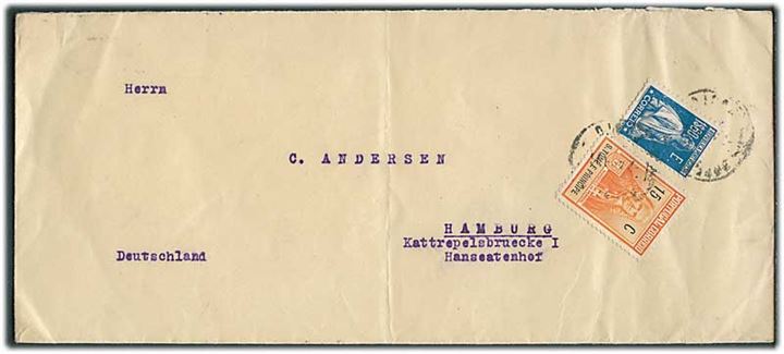 Portugal 1,60 e. og St. Tomé e Principe 15 c. på blandingsfrankeret brev fra Porto til Hamburg, Tyskland. Svagt stempel.