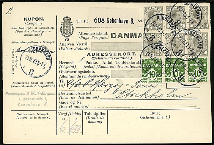 10 øre Bølgelinie (3) og 50 øre Chr. X (6) på 330 øre frankeret internationalt adressekort for pakke fra Kjøbenhavn 8 (= Frihavnen) d. 21.12.1923 til Stockholm, Sverige.