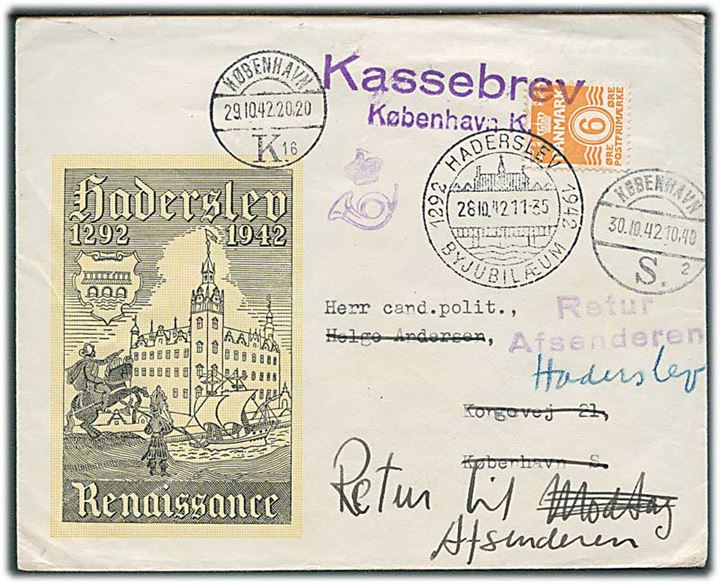 6 øre Bølgelinie single på illustreret tryksag annulleret med særstempel Haderslev Byjubilæum d. 28.10.1942 til København. Violet tryksags-kontrolstempel. Returneret som Modtagelse Nægtet og Kassebrev København K.