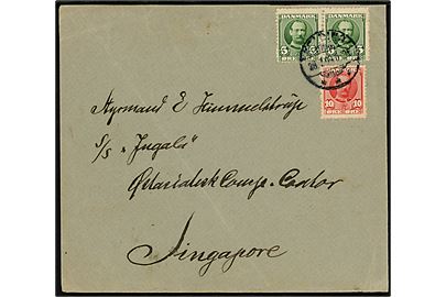 5 øre (par) og 10 øre Fr. VIII på brev fra Skamlingsbankens Højskole stemplet i Kolding d. 28.7.1909 til styrmand Himmelstrup ombord på S/S Jungala c/o Østasiatisk Kompagni i Singapore. 