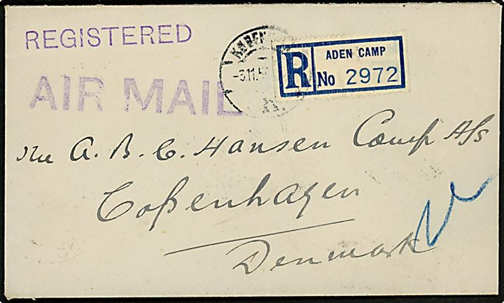 1 a. og 1 r. George VI på bagsiden af anbefalet luftpostbrev fra Aden Camp d. 26.10.1950 til København, Danmark. Ank.stemplet d. 3.11.1950.