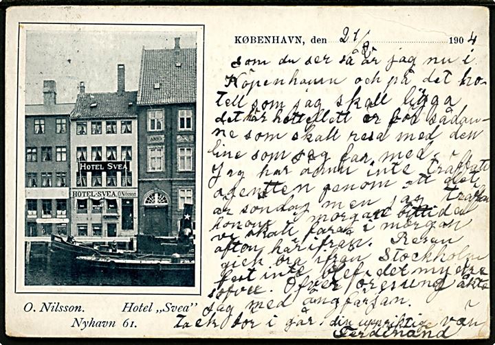 Købh., Hotel Svea, Nyhavn no. 61 ved O. Nilsson U/no. Brugsspor.