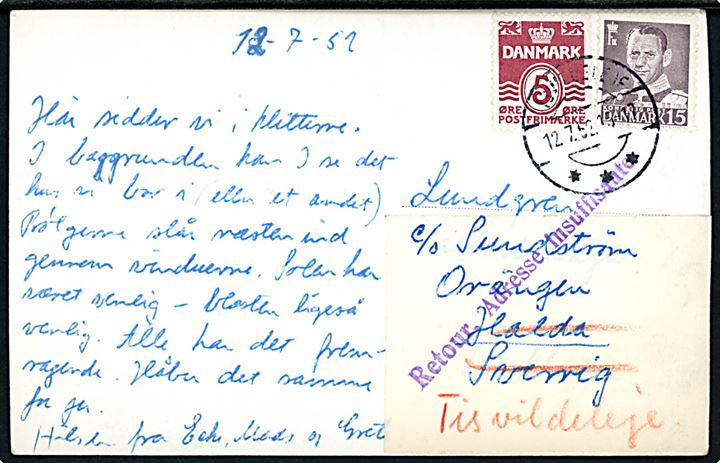 5 øre Bølgelinie og 15 øre Fr. IX på brevkort (Kiltter ved Tisvildeleje) fra Tisvildeleje d. 12.7.1952 til Sverige. Retur med fransk sproget stempel vedr. utilstrækkelig adresse. 