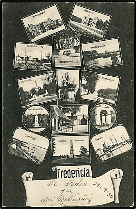 Fredericia med mange små motiver. H.C. Wenk u/no. Kortet fra antageligt 1910, men anvendt i Fredericia i 1935.