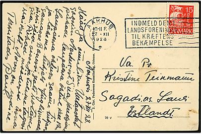 15 øre Karavel på brevkort fra Aarhus d. 27.12.1928 til Sagadi As., Estland.