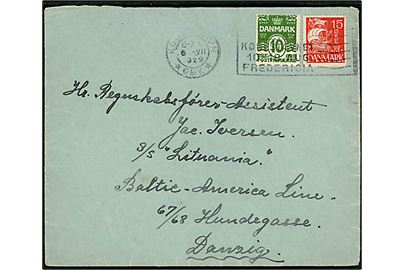 10 øre Bølgelinie og 15 øre Karavel på brev fra København d. 6.7.1929 til S/S Lithuania, Baltic-America Line, Danzig.