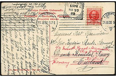10 øre Fr. VIII på brevkort fra Kjøbenhavn d. 24.11.1908 til sømand ombord på skonnerten Solon via danske konsulat i Fowey, England - eftersendt til Harburg, Tyskland.