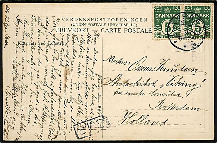 5 øre Bølgelinie i parstykke på brevkort (Klitparti ved Lønstrup) sendt fra Vraa d. 21.5.1913 til matros ombord på skoleskibet Viking i Rotterdam, Holland.