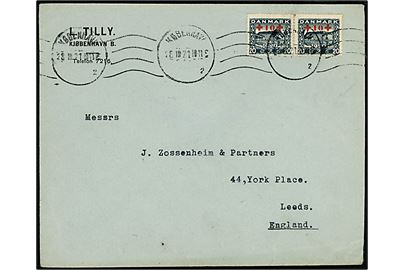 20+10 øre Røde Kors provisorium i parstykke på brev fra København d. 28.10.1921 til Leeds, England.