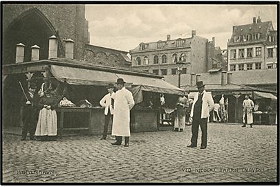 Købh., Ved Nicolai Taarn (Maven) med slagteboder. A. Vincent no. 476. Har været opklæbet.