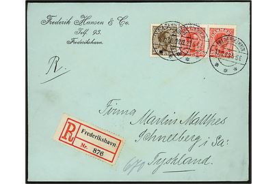 20 øre og 25 øre (par) Chr. X på anbefalet brev fra Frederikshavn d. 12.12.1923 til Schneeberg, Tyskland.