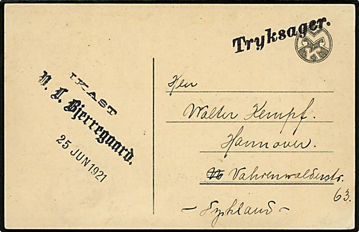 10+5 øre Røde Kors Provisorium på billeside af brevkort (Frimærkehilsen med klitparti fra Vestkysten) sendt som tryksag fra Ikast d. 26.6.1921 til Hannover, Tyskland.