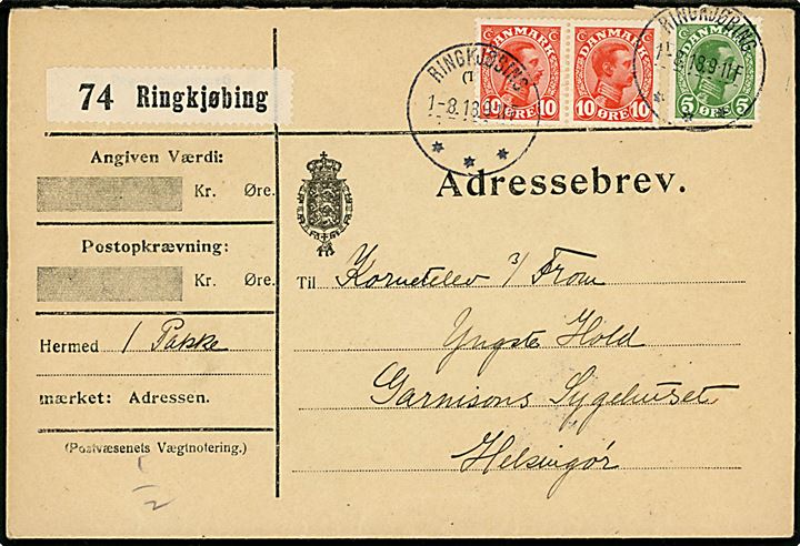 5 øre og 10 øre (par) Chr. X på adressebrev for pakke fra Søndervig Badehotel annulleret Ringkjøbing d. 1.8.1918 til kornetelev på Garnisons Sygehuset i Helsingør.
