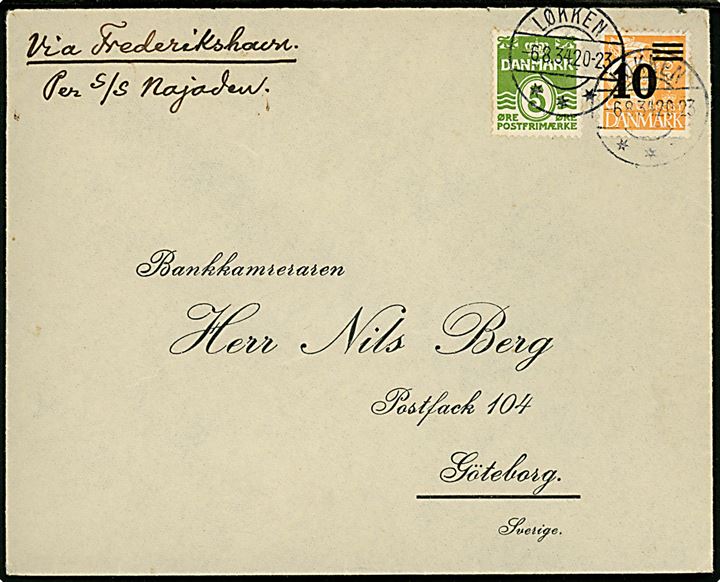5 øre Bølgelinie og 10/30 øre Provisorium på brev påskrevet via Frederikshavn per S/S Najaden annulleret brotype IIc Løkken d. 6.8.1934 til Göteborg, Sverige.