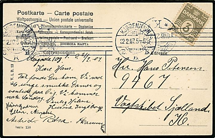 3 øre Bølgelinie på lokalt brevkort i Kjøbenhavn d. 22.2.1907 til sømand 9467 Hans Petersen ombord på Vagtskibet Sjælland. 